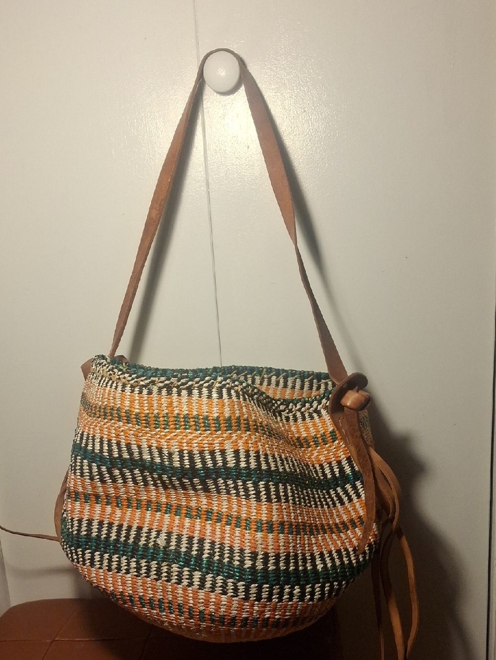 Woven Multicolor Round Crossbody Bag with Leather Strap